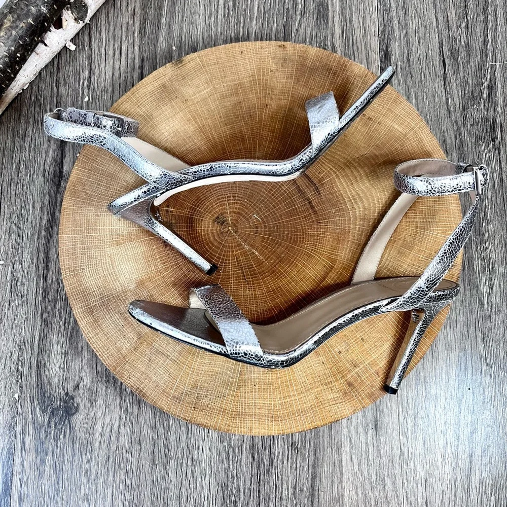 *Tory Burch | Elana Leather Silver Heeled Sandals With Ankle Straps Size 6